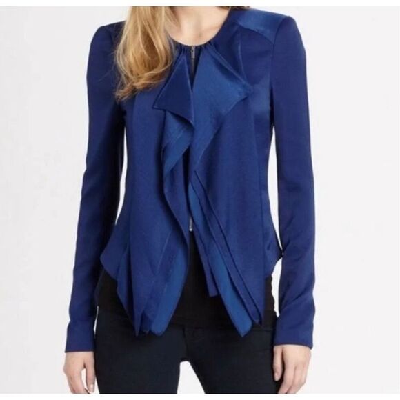 BCBGMaxazria Flora Jacket Womens XS Blue Cascade Collar Full Zip Blazer New - Picture 10 of 10